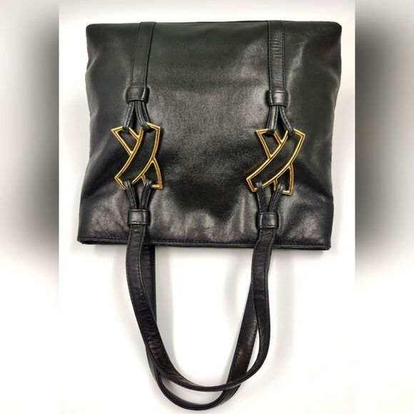 Paloma Picasso Vintage Black Leather Tote Bag Purse   w/Gold Accents - Picture 7 of 15